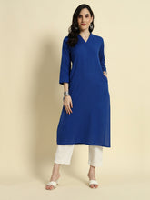 Thread Plus Cotton Flax Straight Kurti In Royal Blue Color For Women